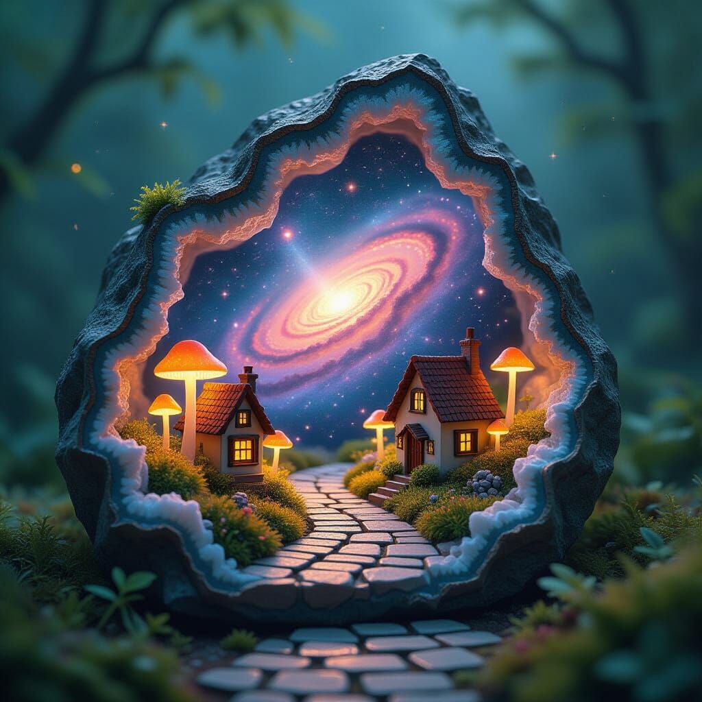Miniature Village Diorama Inside Cracked Geode Nebula