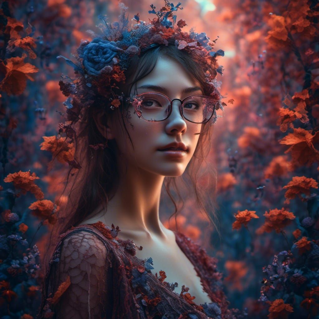 Passionate Girl with Glasses in Forest, Hyperreal Photo