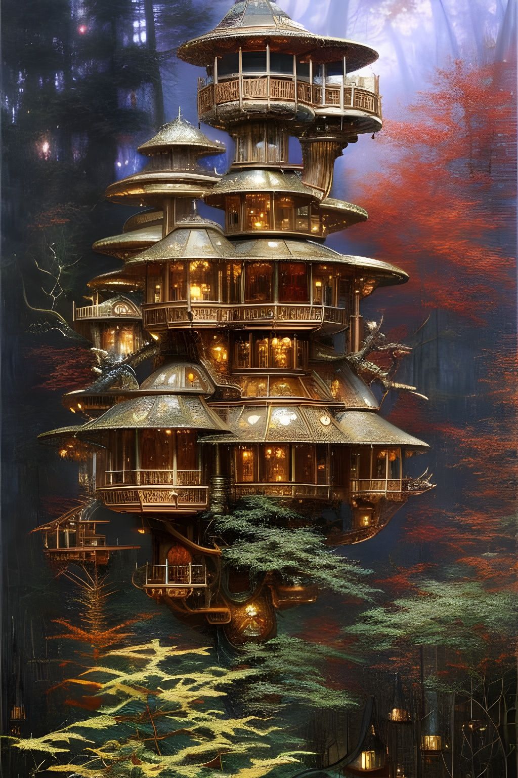 Ornate Scifi Treehouse in a Deep Forest