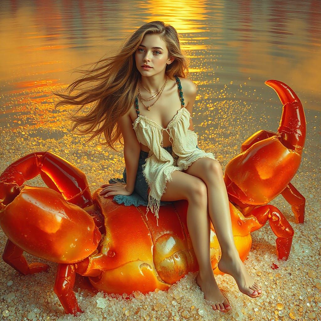 Woman on Gummy Crab in Effervescent Soda Sea
