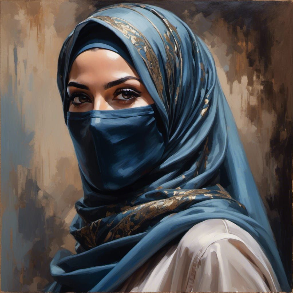 Portrait of Masked Woman in Hijab, Charcoal Drawing