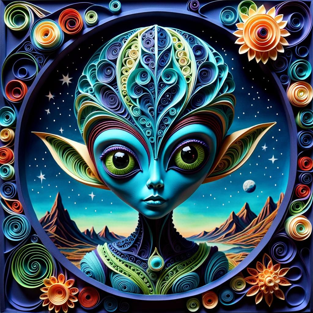 Dreamy Alien Traveler in Surreal Zentangle Style