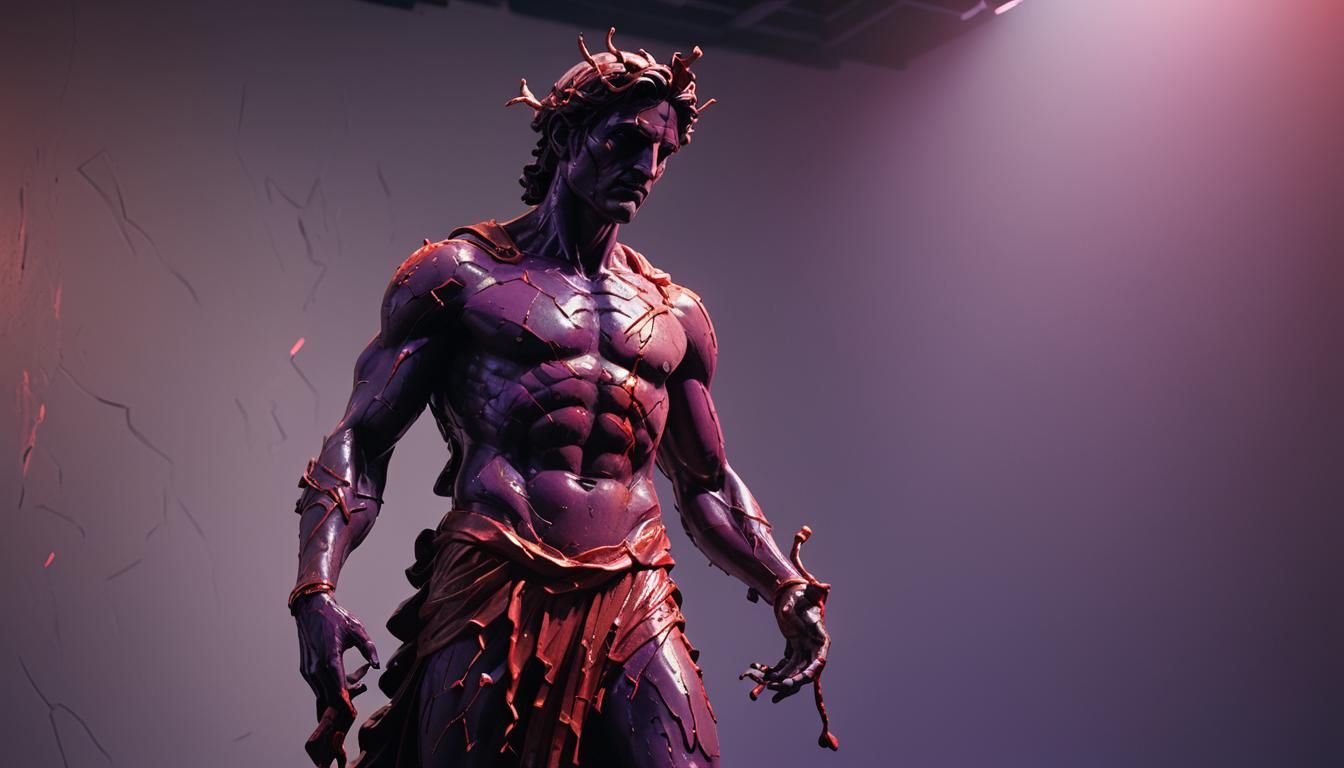 Cracked Greek God Statue with Neon Aura in Anime Style