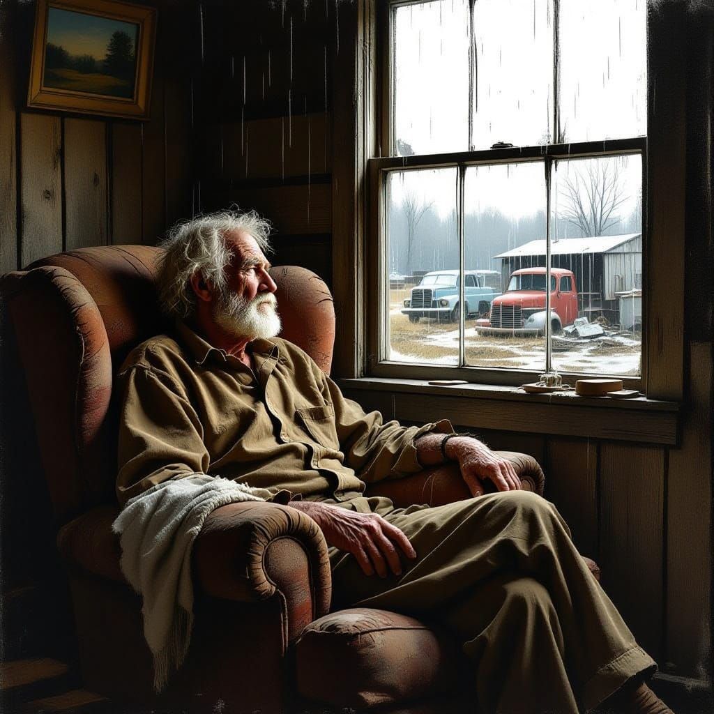 Elderly Man Gazing at Rainy Junkyard