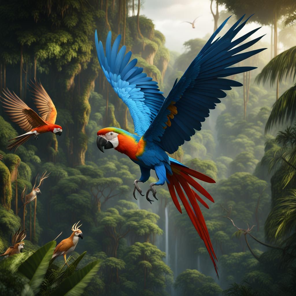 Macaws Fly Above Rainforest Canopy