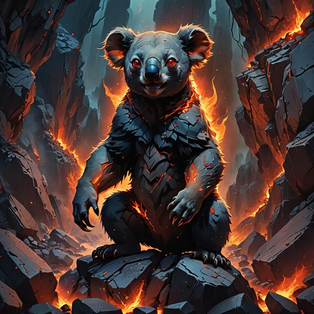 Demonic Koala Bear Bursting from Hellish Cavern