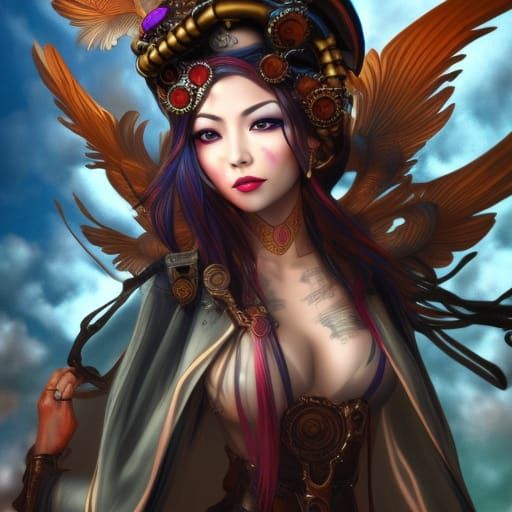 Steampunk Asian Lilith in Flight: Hyperrealistic Concept Art