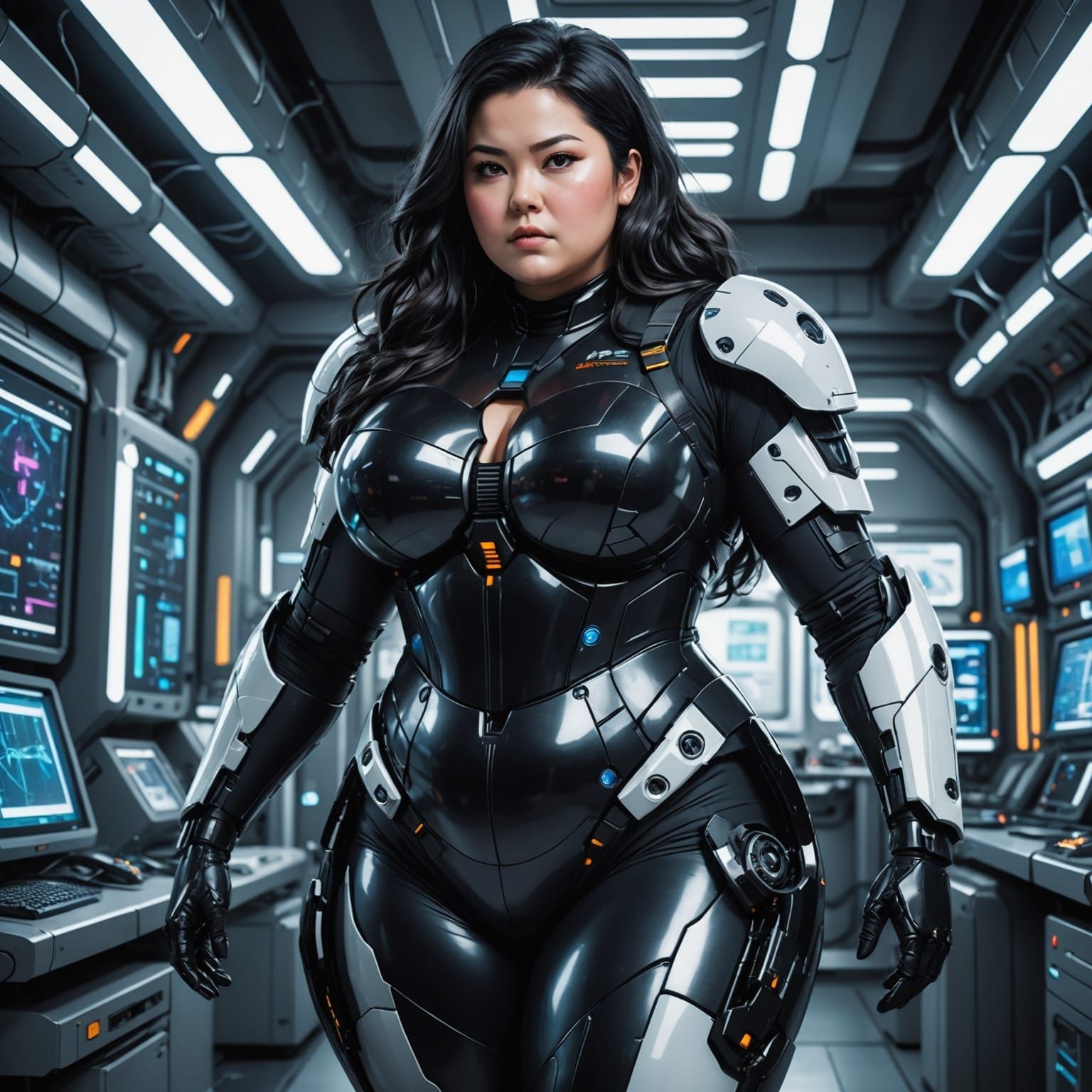 A Curvy Futuristic Scientist in a Hi-Tech Environment