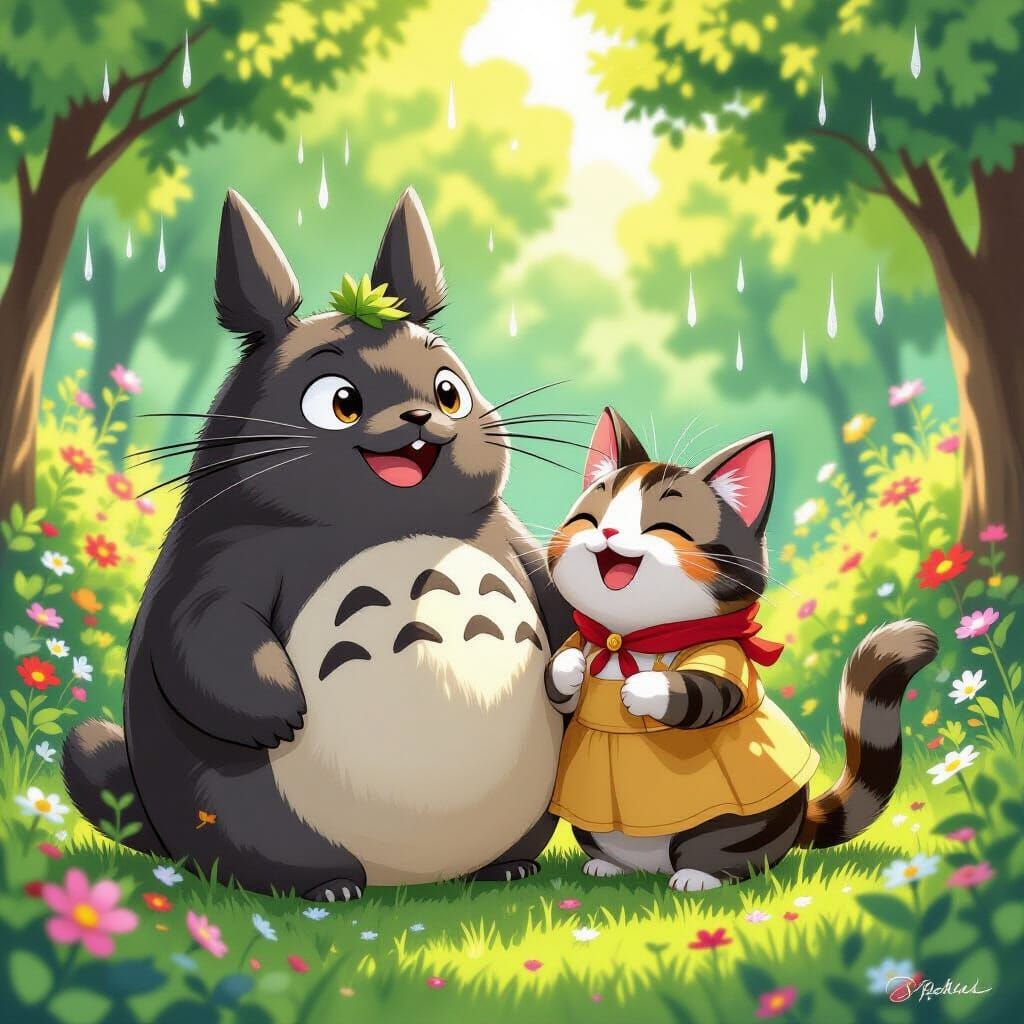 Totoro and Cat Joyful Illustration in Ghibli Style