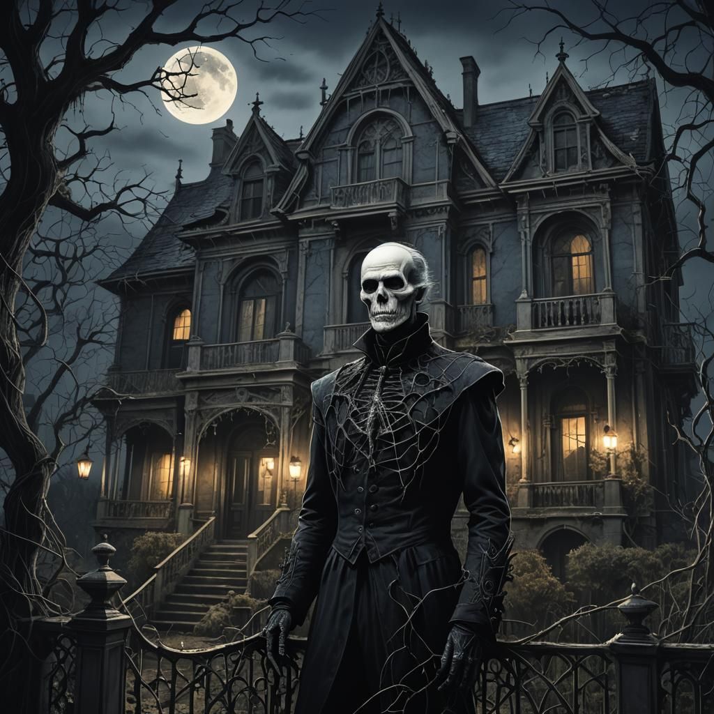 Eerie Gothic Mansion at Midnight in Gorey Style