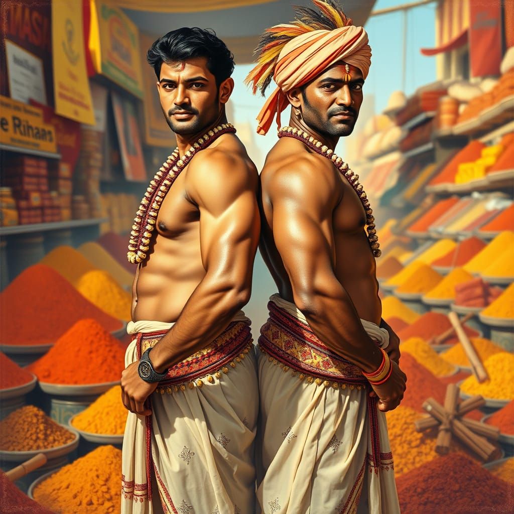 Indian Men in Spice Market, Vintage Poster Style