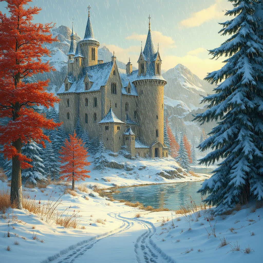 Snowy Vintage Castle Surrounded by Winter Trees