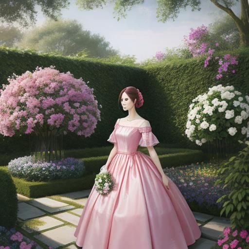 Woman in Pink Silk Dress in Garden