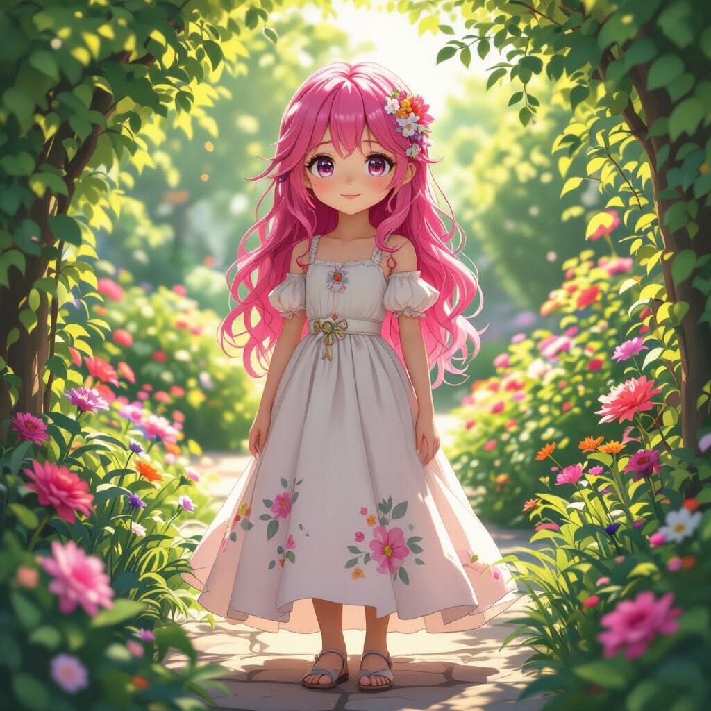 Anya in Garden, Pink Hair, 3D Anime Style