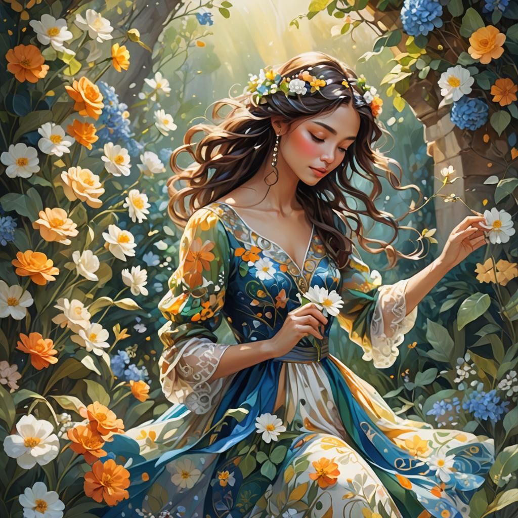 Girl in Garden with Art Nouveau Influences