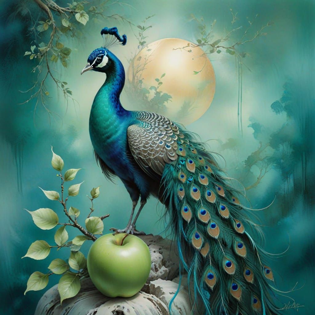 Peacock on Apple in Chinese Watercolor Painting