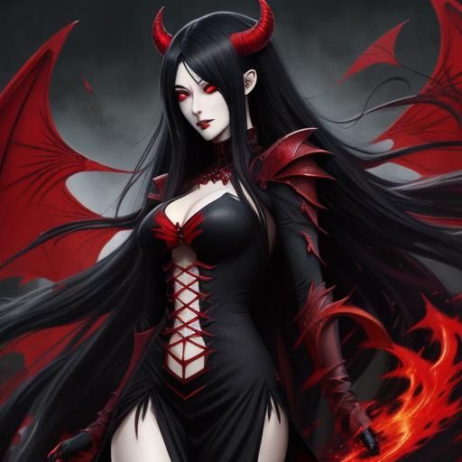 Anime Demon Girl with Red Eyes and Black Hair