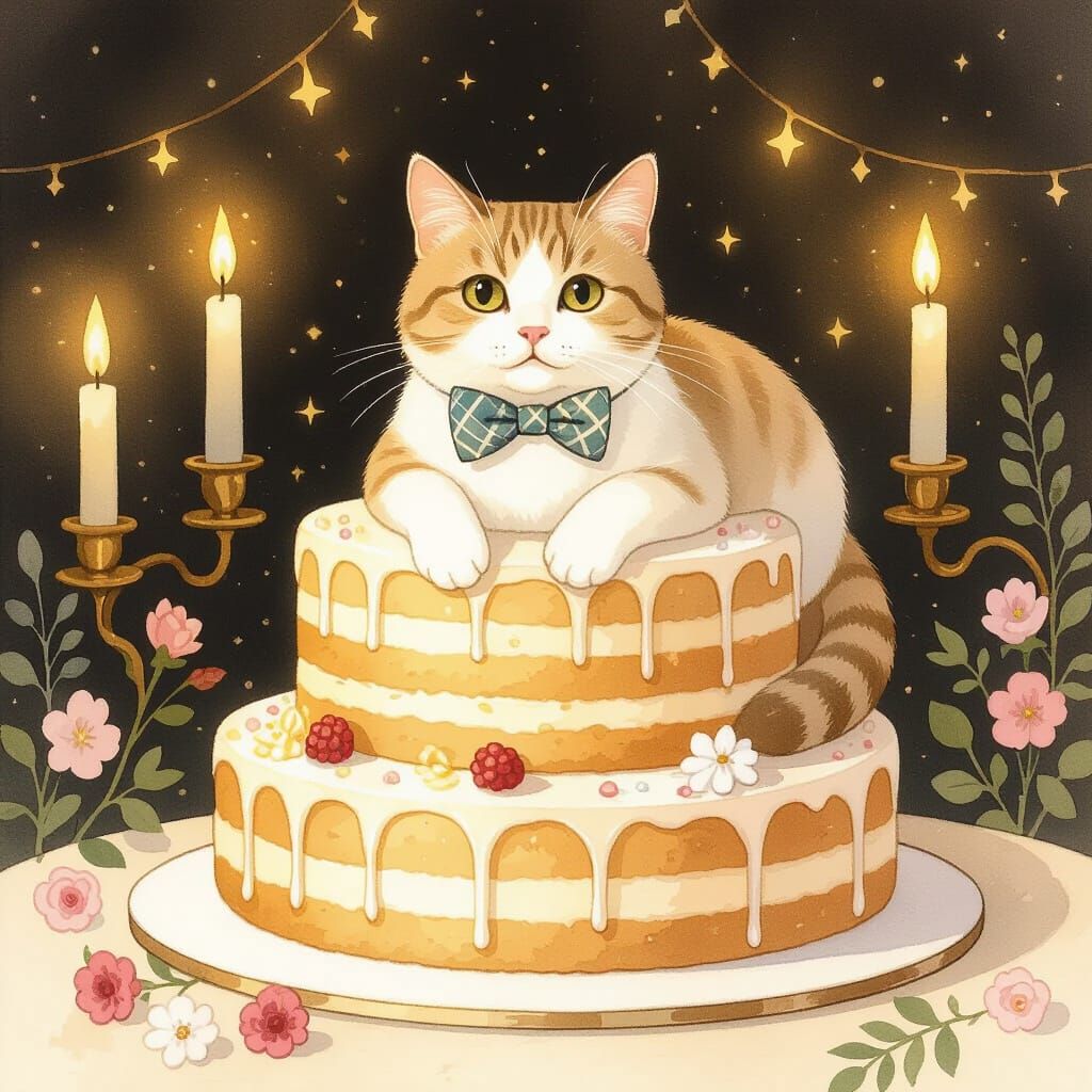 Cat on Cake in Whimsical Watercolor Style