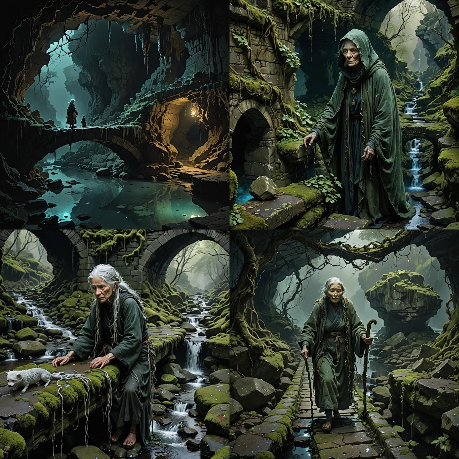Old Woman Crossing Bridge in Dark Cave