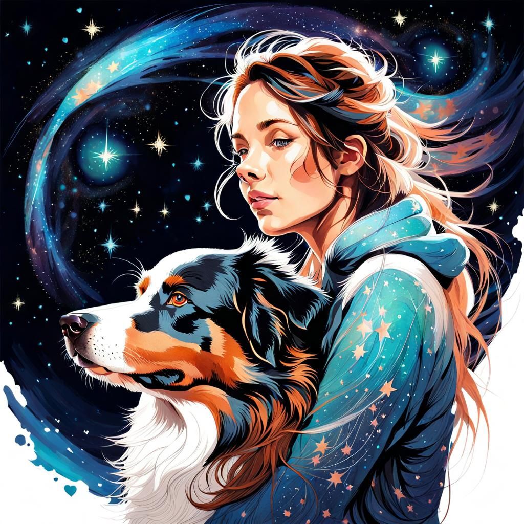 Girl and Dog Embrace Under Sparkling Meteors