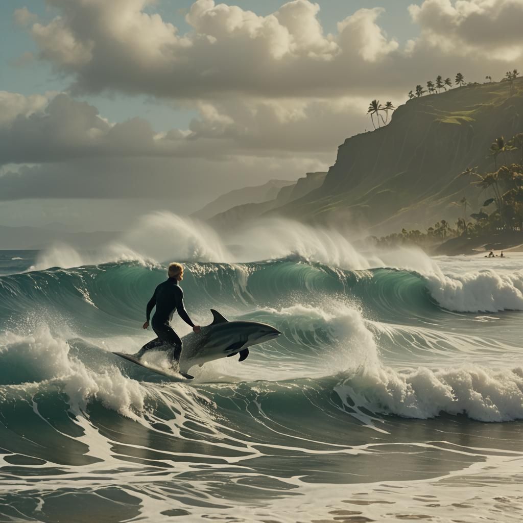 Hawaii Beach Scene with Surfers and Dolphins