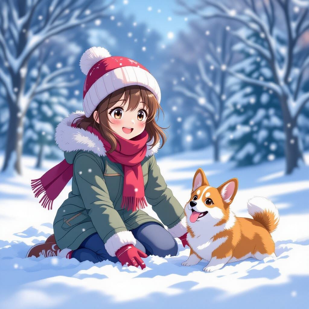 Anime Woman and Corgi Making Snow Angels