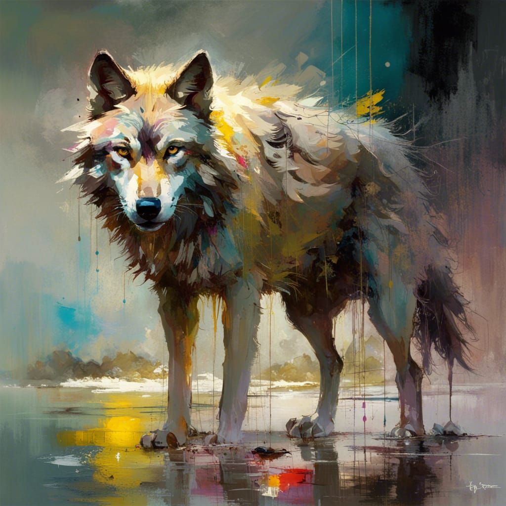 Dramatic Wolf Painting with Bold Colors and Textures