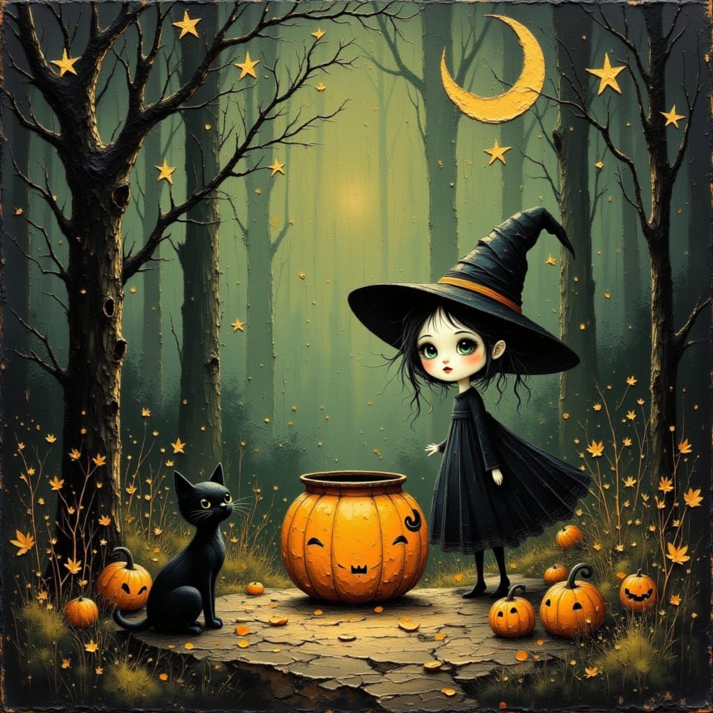 Halloween Pumpkin Witch in Spooky Forest