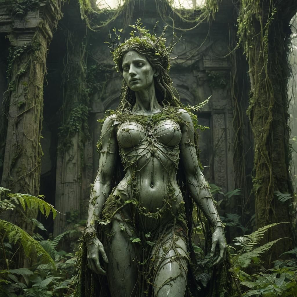Demeter Statue in Mystical Ruins, High-Fantasy Art