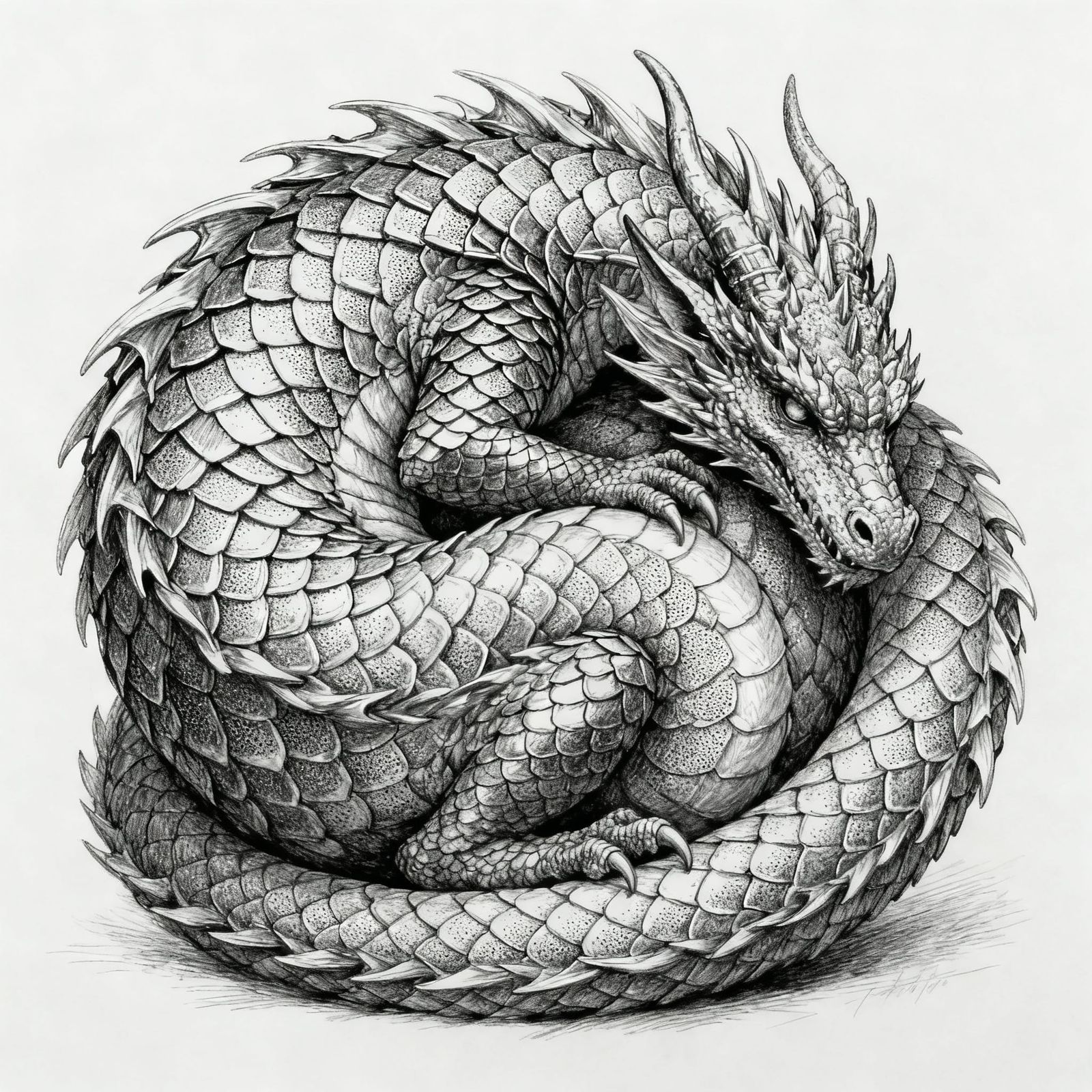 Intricate Pencil Drawing of a Dragon in Defensive Ball
