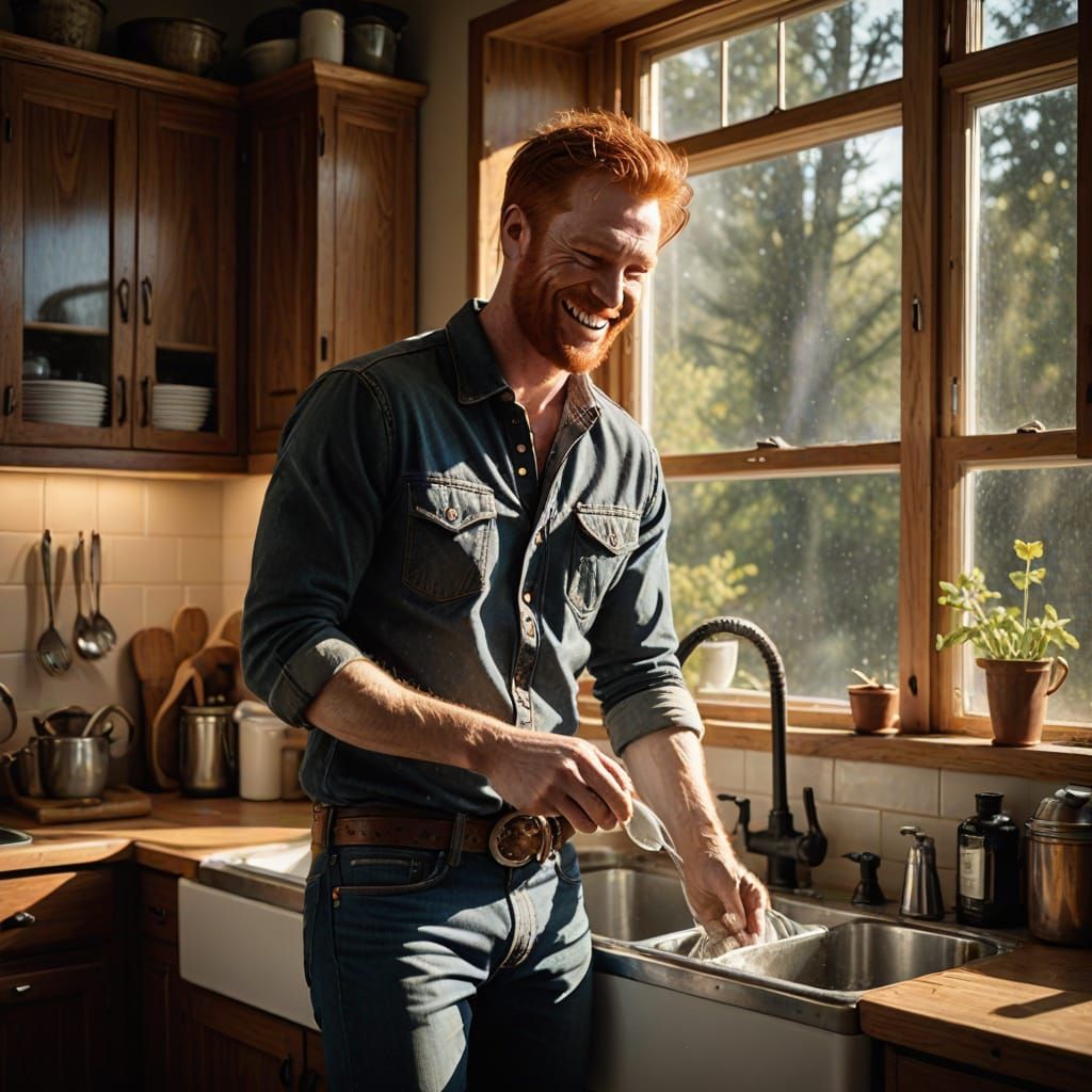 Rugged Cowboy Doing Dishes in Warm Kitchen Light