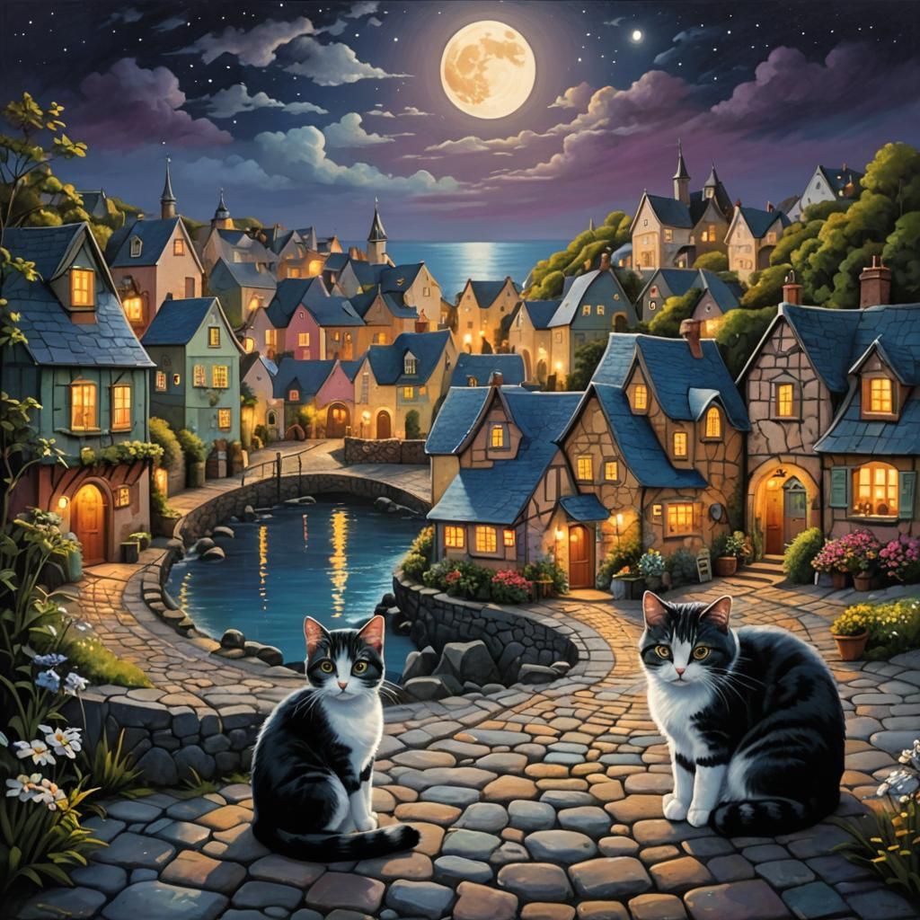 glowing moon with cats sitting on a cobblestone path