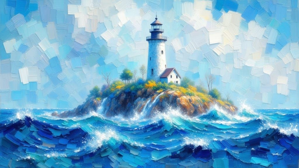 Lighthouse on Island in Impressionistic Style