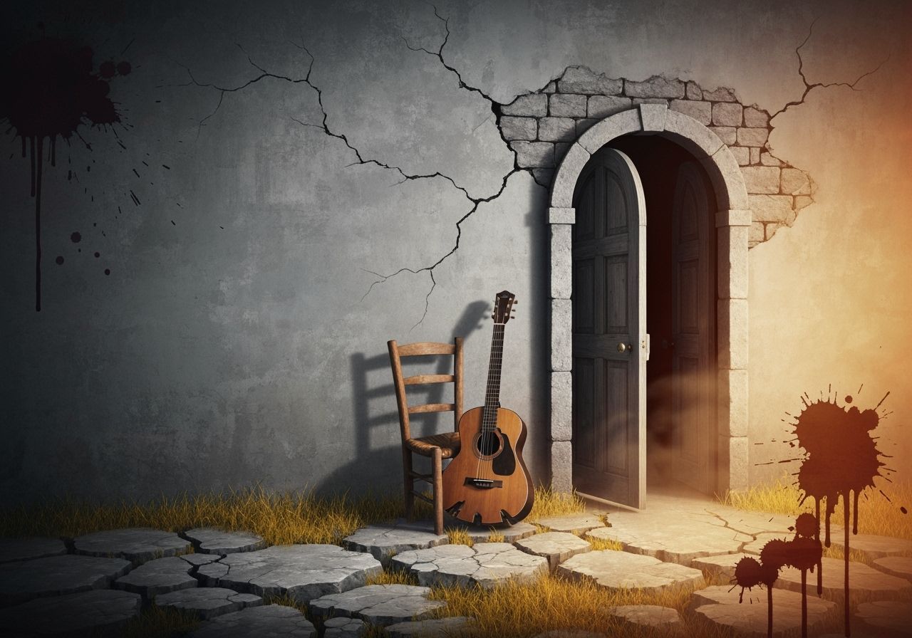 Surreal Ink Painting of Antique Door and Guitar