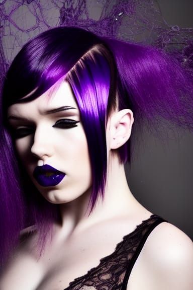 Purple-Haired Emo Model in Lace and Latex