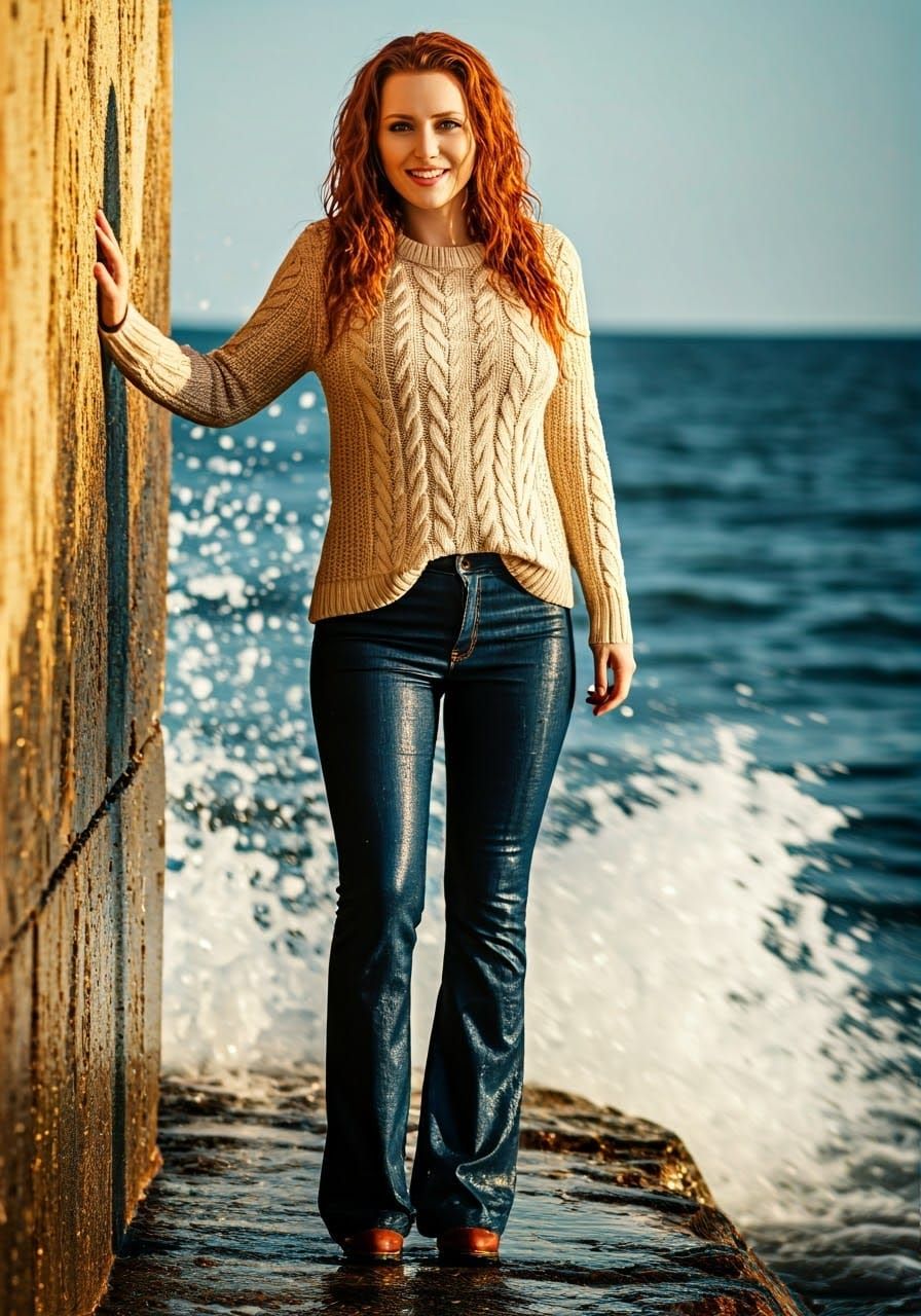 Captivating Redhead Breezes Along the Sea Wall