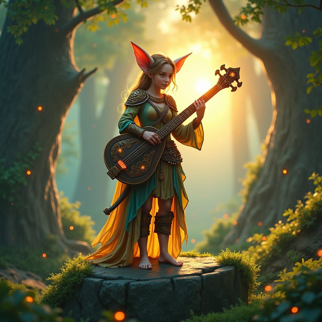 Enchanted Halfling Bard in Fantasy Forest