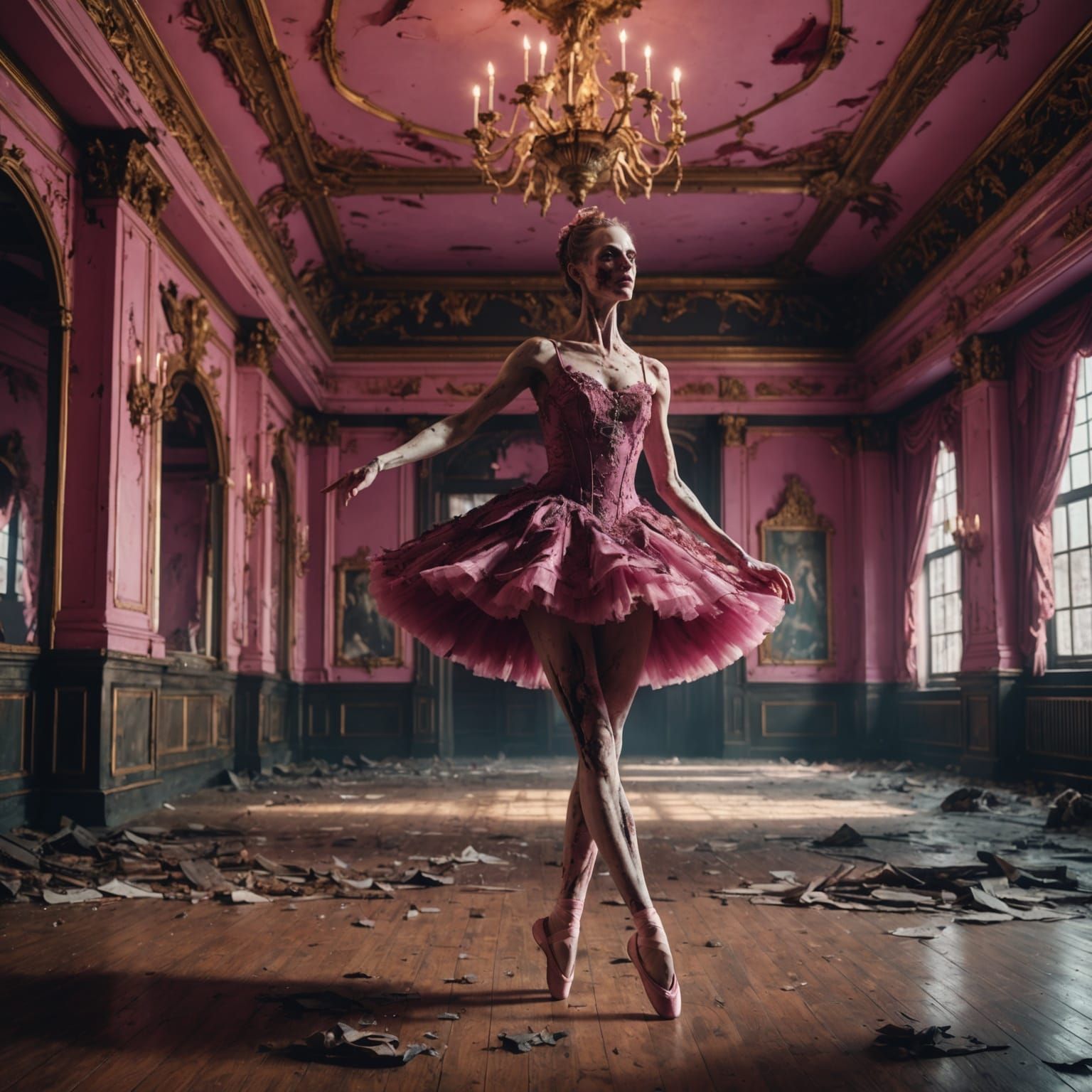 Decaying Ballerina Zombie in Pink Ballroom