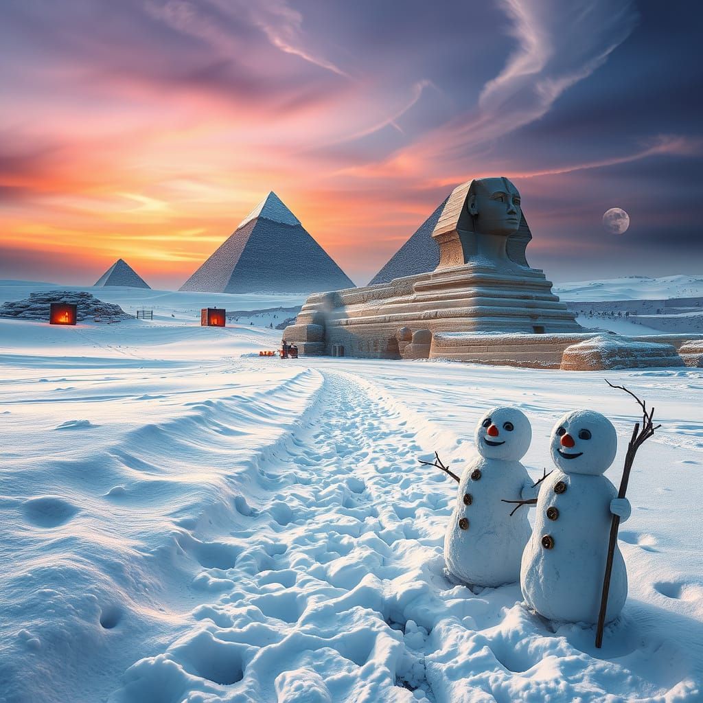 Giza Pyramids in Winter Wonderland Under Twilight Sky