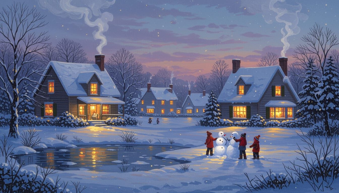 Snowy Village at Twilight in Kinkade Style