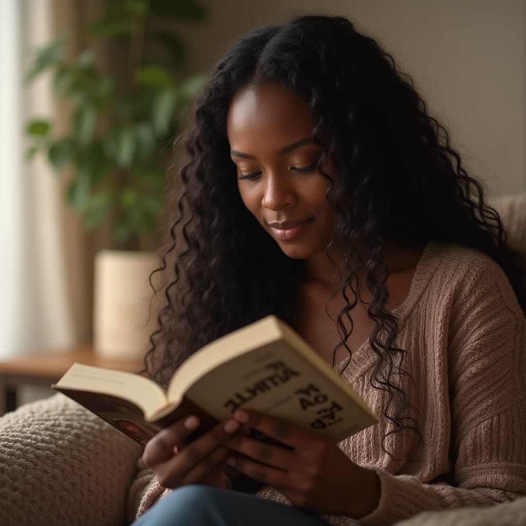Black Woman Reading in Peaceful Living Room