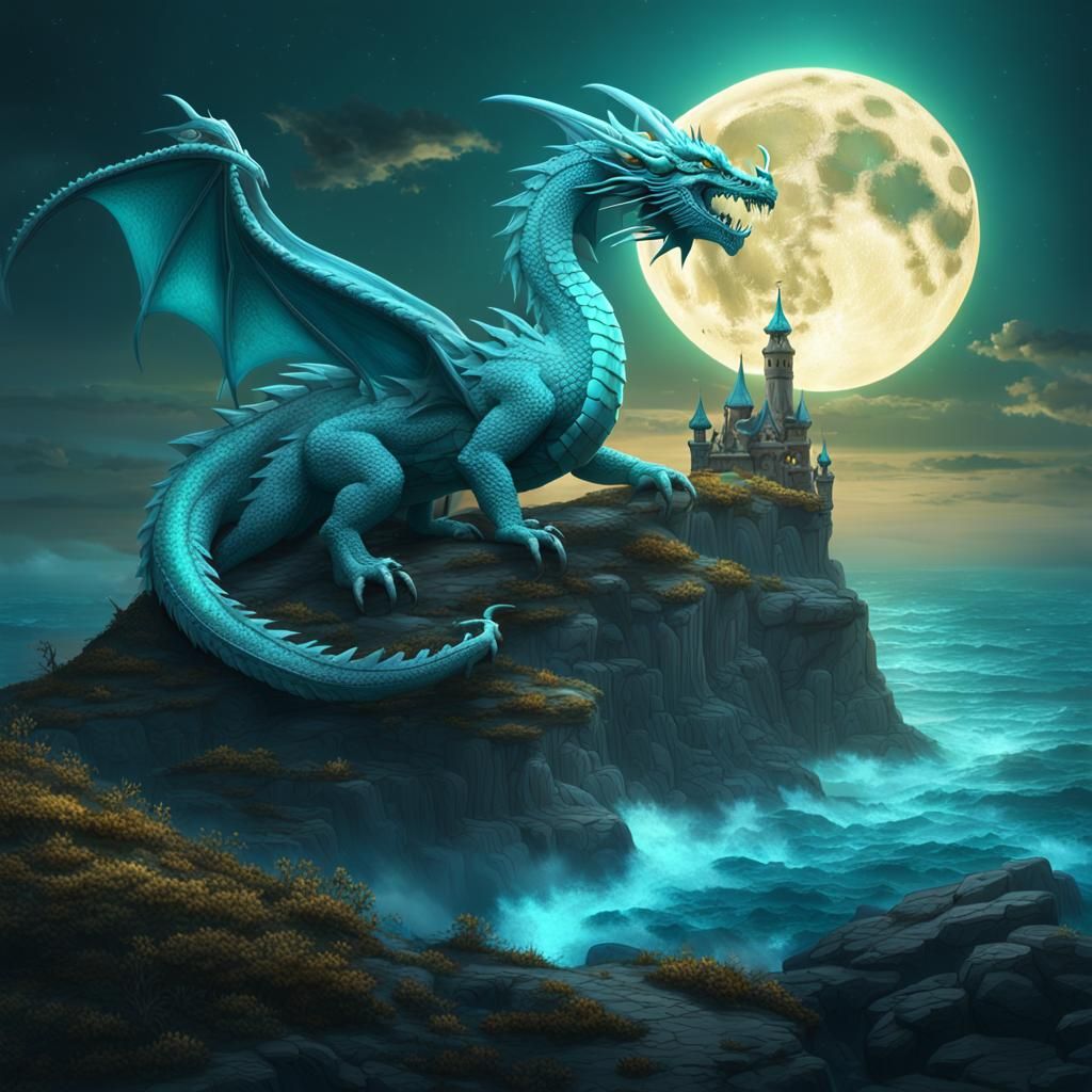 Turquoise Dragon Overlooking Moonlit Sea