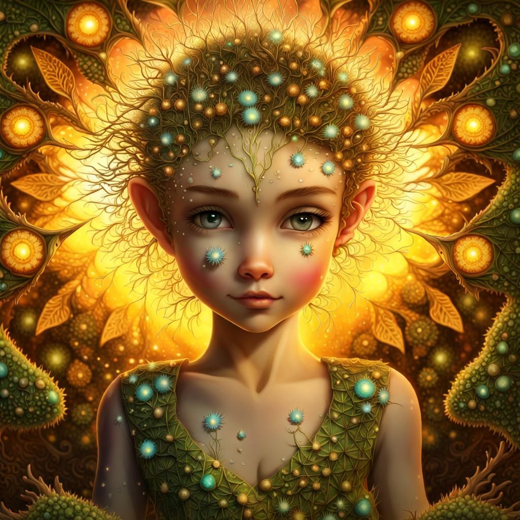Adorable Elf with Firefly Pet in Backlit Forest