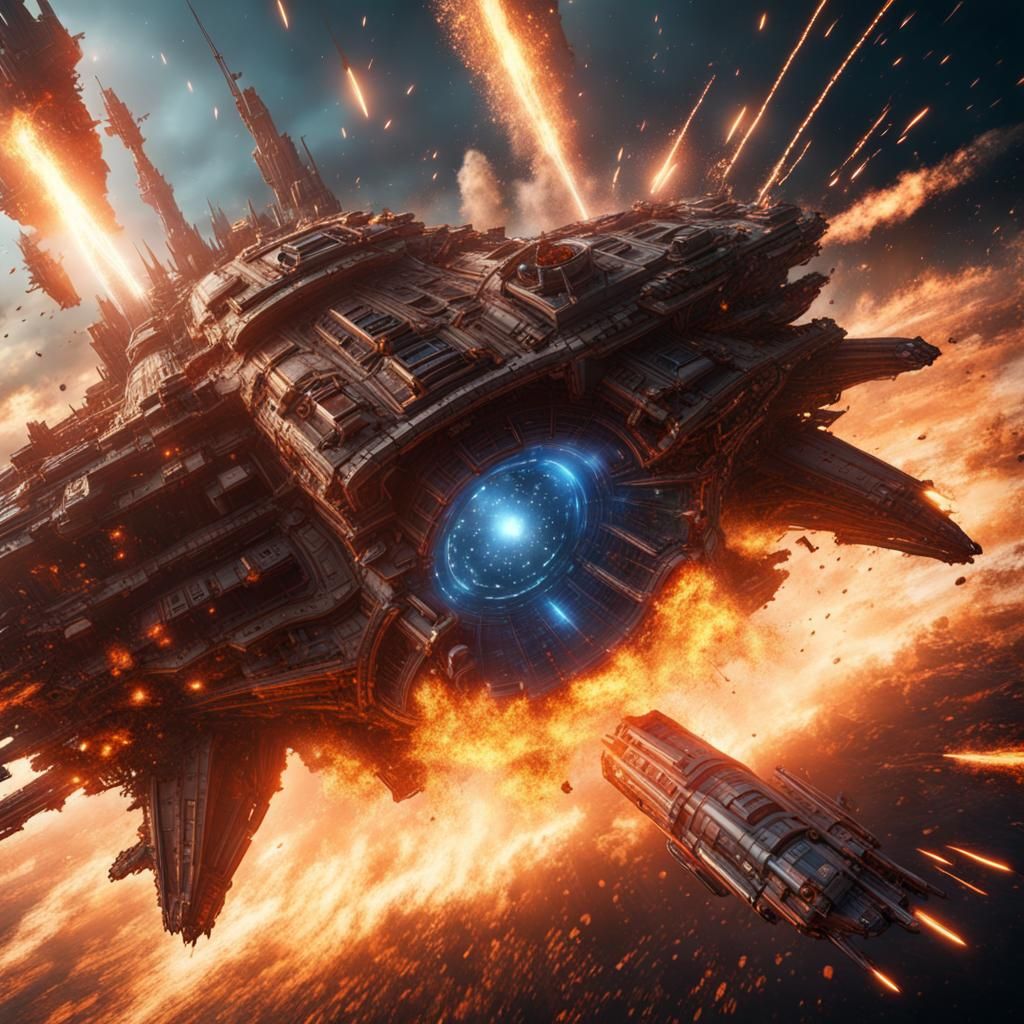 Exploding Spaceship in Detailed Matte Painting Style