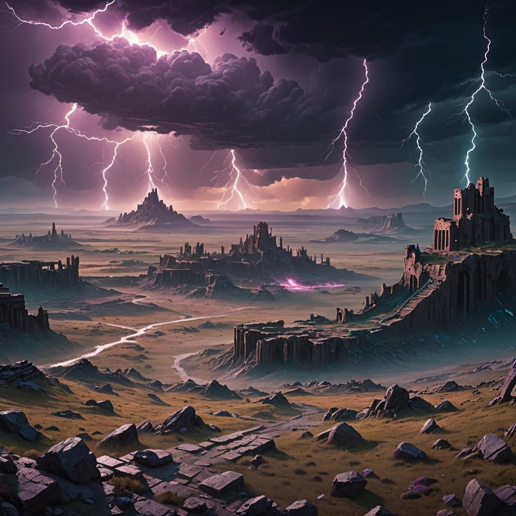 Ominous Fantasy Landscape with Ancient Ruins