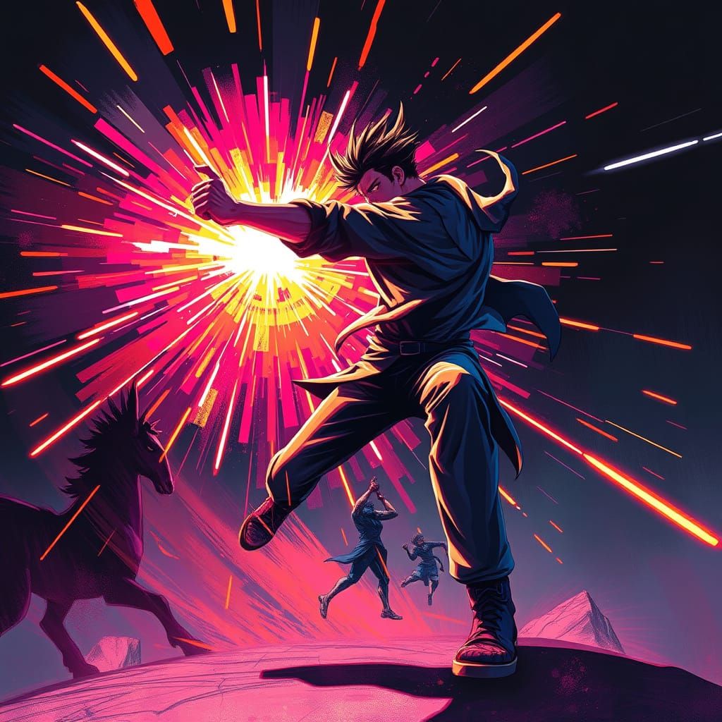 Cyberpunk Dance-Fight: Defiant Figure in Neon Action