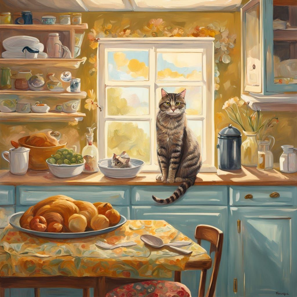 Tabby Cat in Warm Kitchen Light