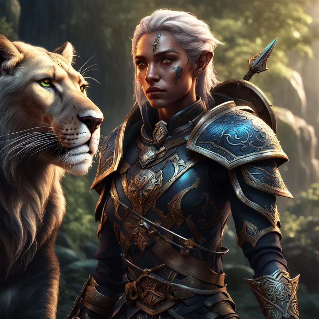 High Elf Ranger with Black Lioness: Fantasy Art