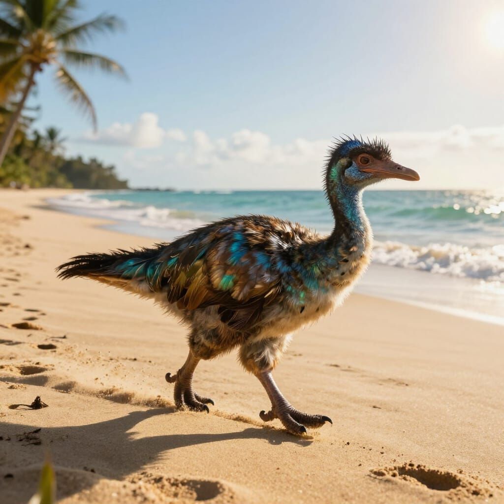 Hyperrealistic Dodo Bird on Tropical Beach at Golden Hour