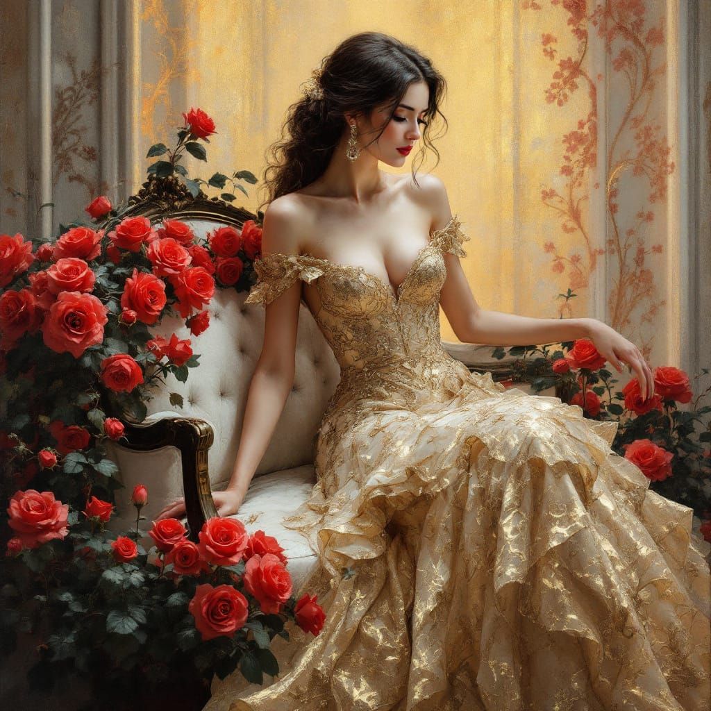 Woman in Golden Dress: Realistic Fantasy Art